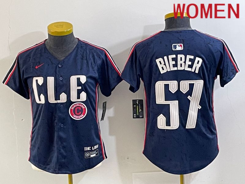 Women Cleveland Indians #57 Bieber Blue City Edition Nike 2024 MLB Jersey style 5->women mlb jersey->Women Jersey